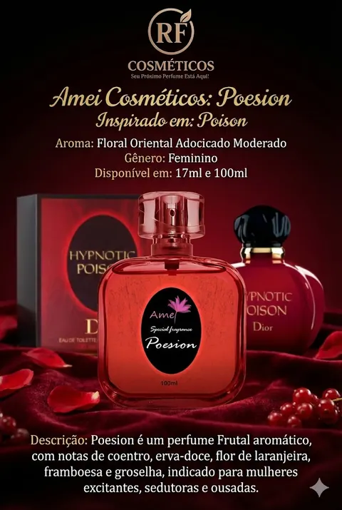 Cartão do perfume Amei Cosméticos Poison (feminino), com as notas e o tamanho