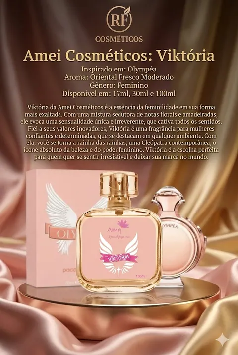 Cartão do perfume Amei Cosméticos Viktória (feminino), com as notas e o tamanho