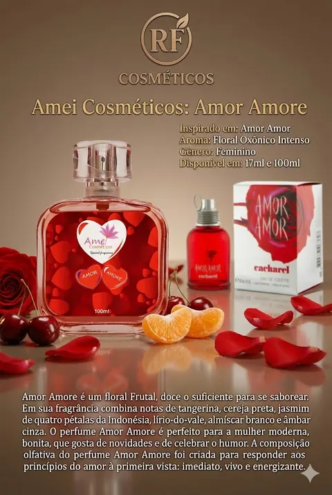 Cartão do perfume Amei Cosméticos Amor Amore (feminino), com as notas e o tamanho