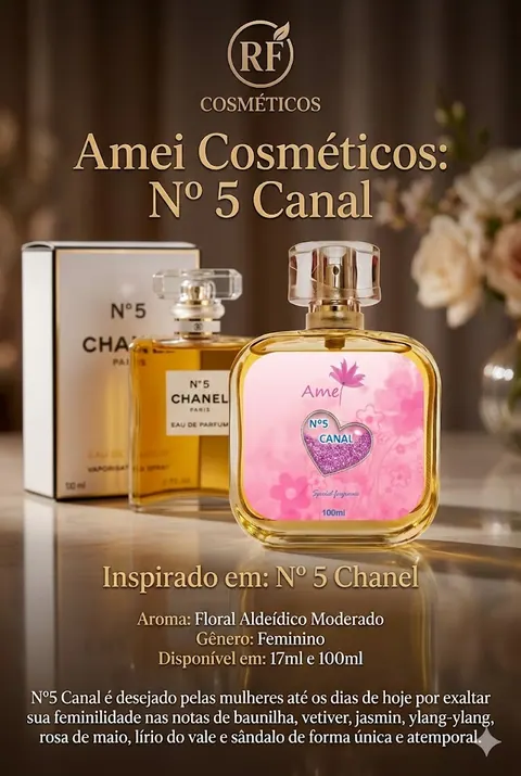 Cartão do perfume Amei Cosméticos Nº 5 Canal (feminino), com as notas e o tamanho
