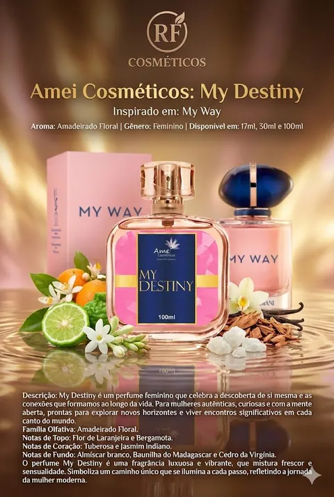 Cartão do perfume Amei Cosméticos My Destiny (feminino), com as notas e o tamanho