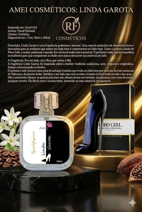Cartão do perfume Amei Cosméticos Linda Garota (feminino), com as notas e o tamanho