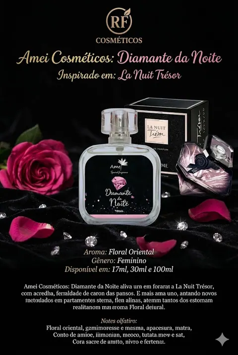 Cartão do perfume Amei Cosméticos Diamante da Noite (feminino), com as notas e o tamanho
