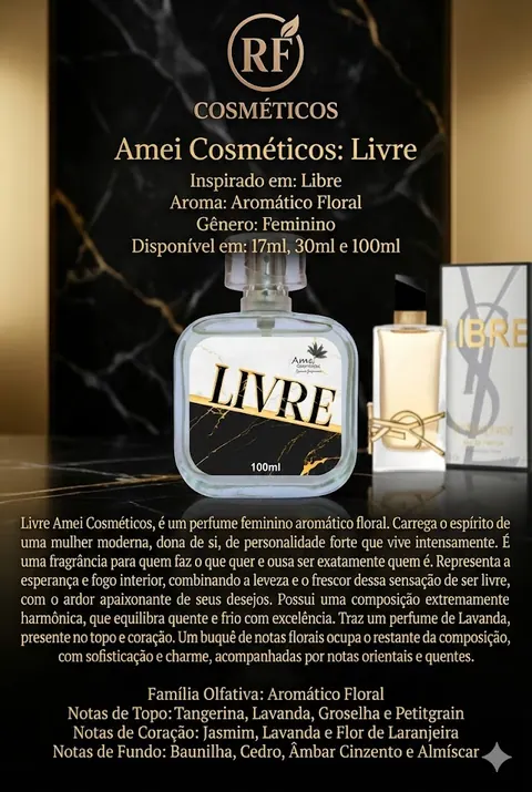 Cartão do perfume Amei Cosméticos Livre (feminino), com as notas e o tamanho