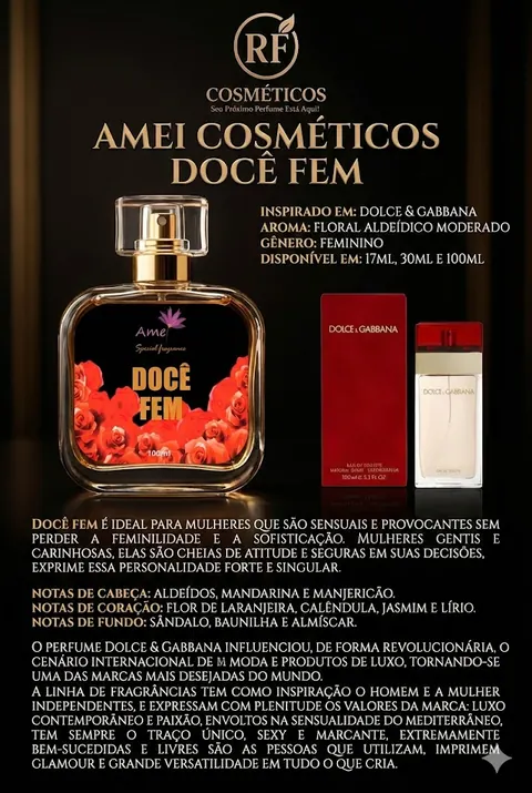 Cartão do perfume Amei Cosméticos Docê Fem (feminino), com as notas e o tamanho