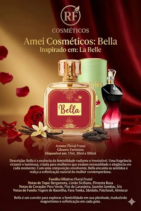 Cartão do perfume Amei Cosméticos Bella (feminino), com as notas e o tamanho