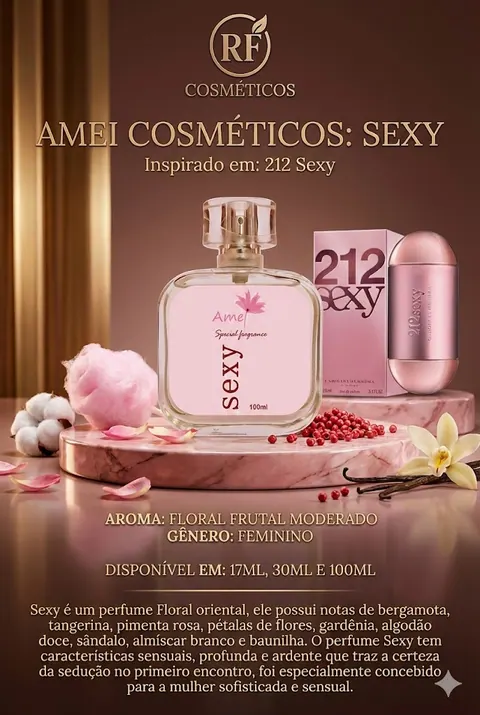 Cartão do perfume Amei Cosméticos Sexy (feminino), com as notas e o tamanho