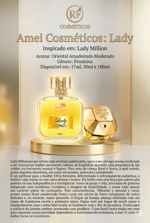 Cartão do perfume Amei Cosméticos Lady (feminino), com as notas e o tamanho