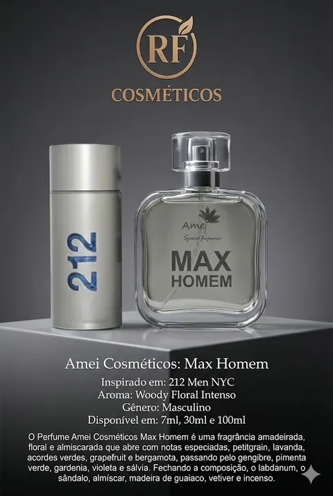 Cartão do perfume Amei Cosméticos Max Homem (masculino), com as notas e o tamanho