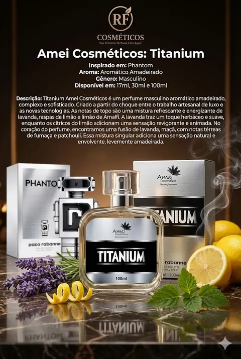 Cartão do perfume Amei Cosméticos Titanium (masculino), com as notas e o tamanho