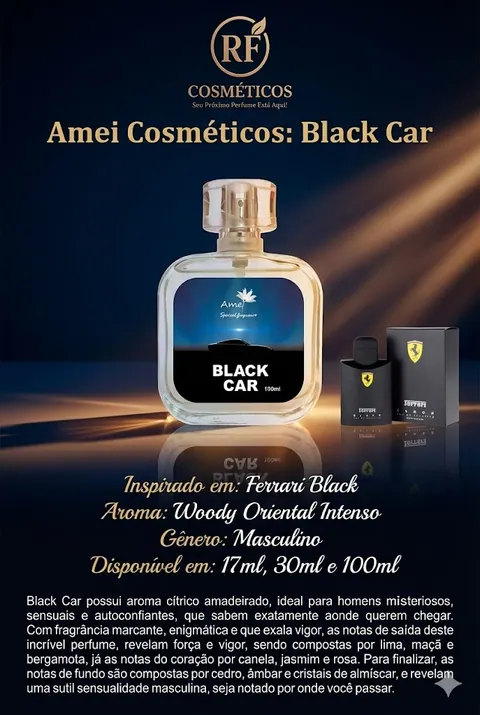 Cartão do perfume Amei Cosméticos Black Car (masculino), com as notas e o tamanho