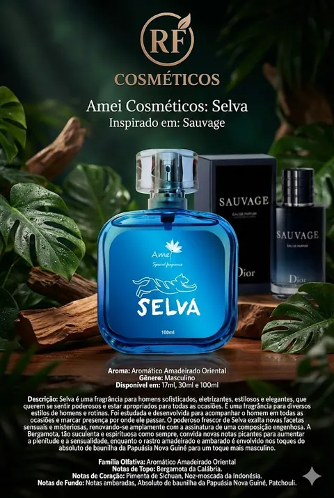 Cartão do perfume Amei Cosméticos Selva (masculino), com as notas e o tamanho