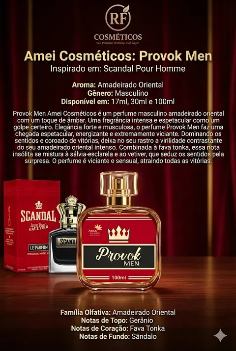 Cartão do perfume Amei Cosméticos Provok Men (masculino), com as notas e o tamanho