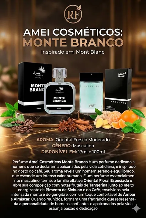 Cartão do perfume Amei Cosméticos Monte Branco (masculino), com as notas e o tamanho
