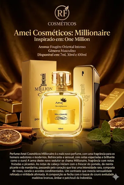 Cartão do perfume Amei Cosméticos Millionaire (masculino), com as notas e o tamanho