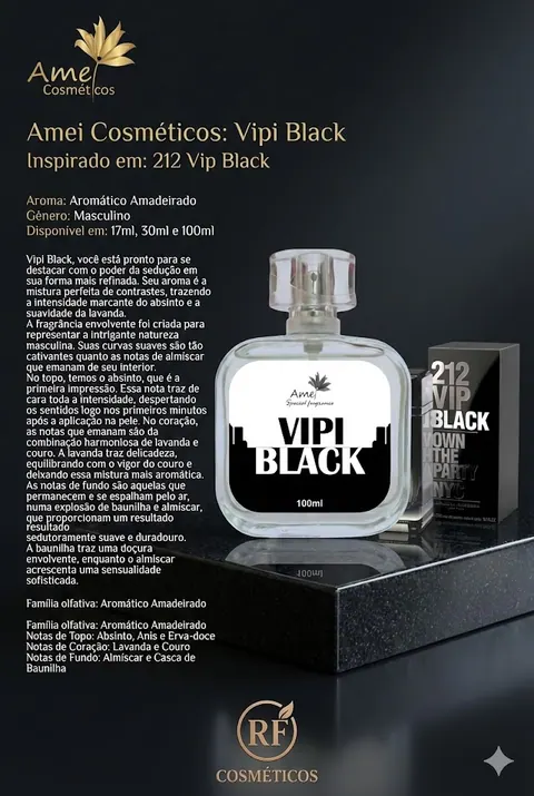 Cartão do perfume Amei Cosméticos Vipi Black (masculino), com as notas e o tamanho
