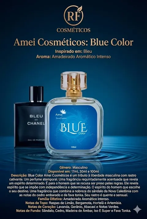 Cartão do perfume Amei Cosméticos Blue Color (masculino), com as notas e o tamanho