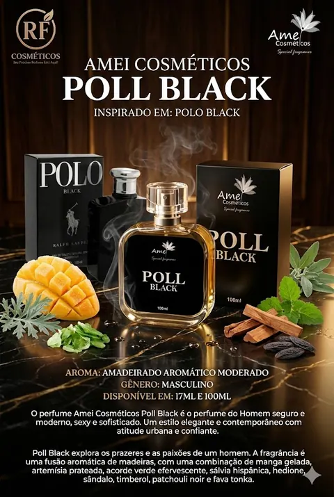 Cartão do perfume Amei Cosméticos Poll Black (masculino), com as notas e o tamanho