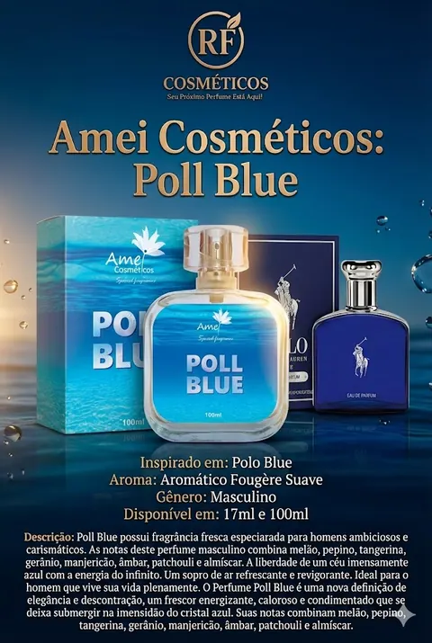 Cartão do perfume Amei Cosméticos Poll Blue (masculino), com as notas e o tamanho