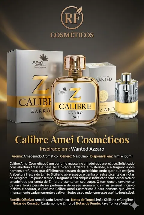 Cartão do perfume Amei Cosméticos Calibre (masculino), com as notas e o tamanho